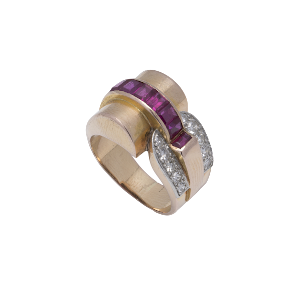 Retro 18K Gold Ring with Natural Rubies and Diamonds - image 1