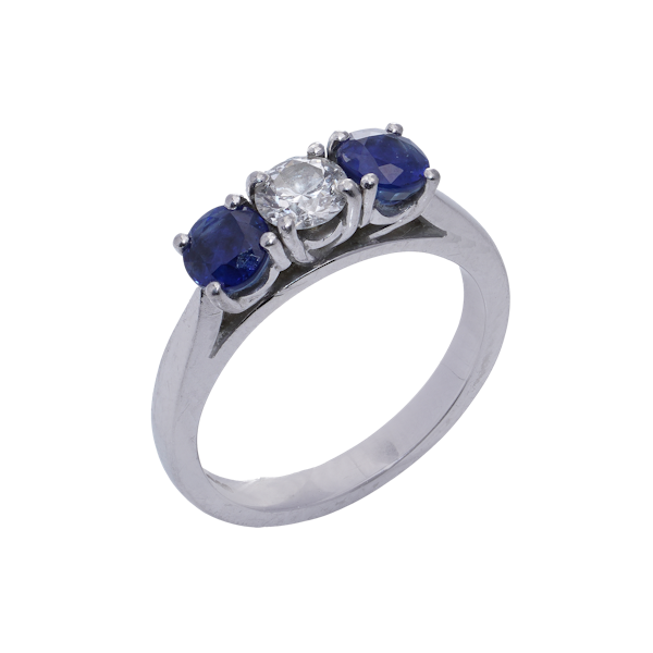 Vintage Platinum Three-Stone Sapphire and Diamond Ring - image 1