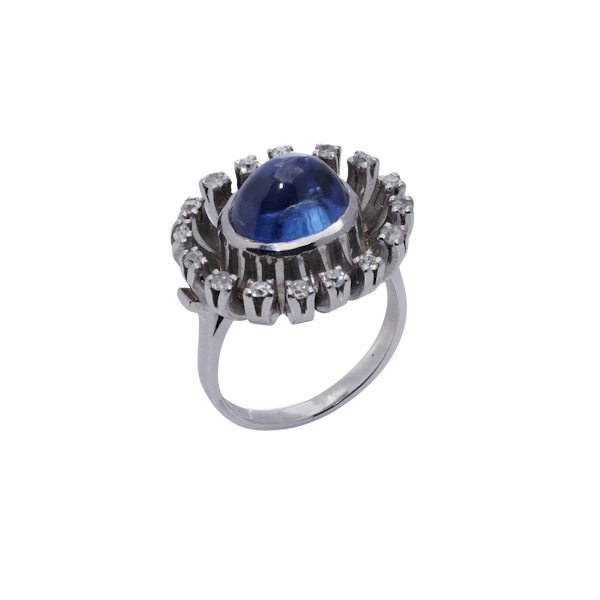 Vintage Cabochon Blue Sapphire and Diamond Ring - image 1