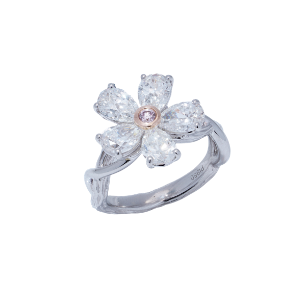 Platinum Flower-Shaped Diamond Ring - image 1