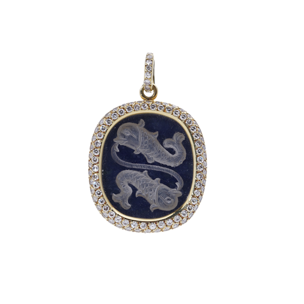 18kt Gold Faraone Pendant with Diamond Halo and Engraved Koi Motif. - image 1