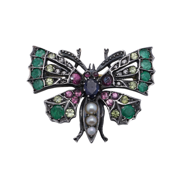 Antique Victorian Silver Gilt Butterfly Brooch with Mixed Gemstones - image 1