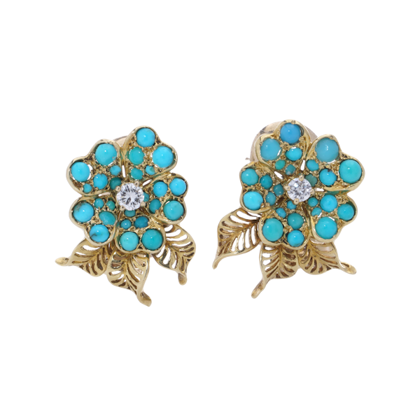 Van Cleef & Arpels 18kt Gold Turquoise and Diamond Clip-On Earrings - image 1