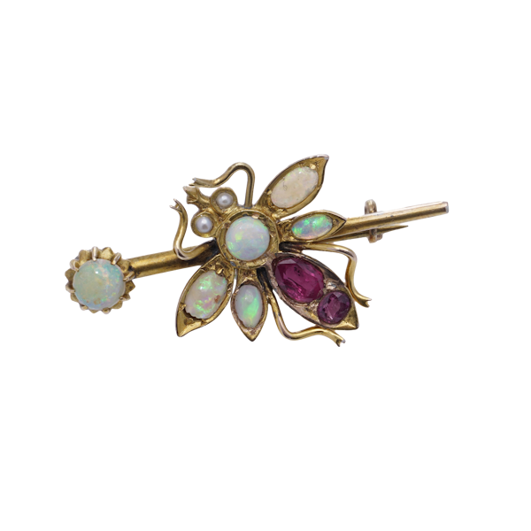 Antique Victorian 15kt Gold Opal and Ruby Brooch - image 1