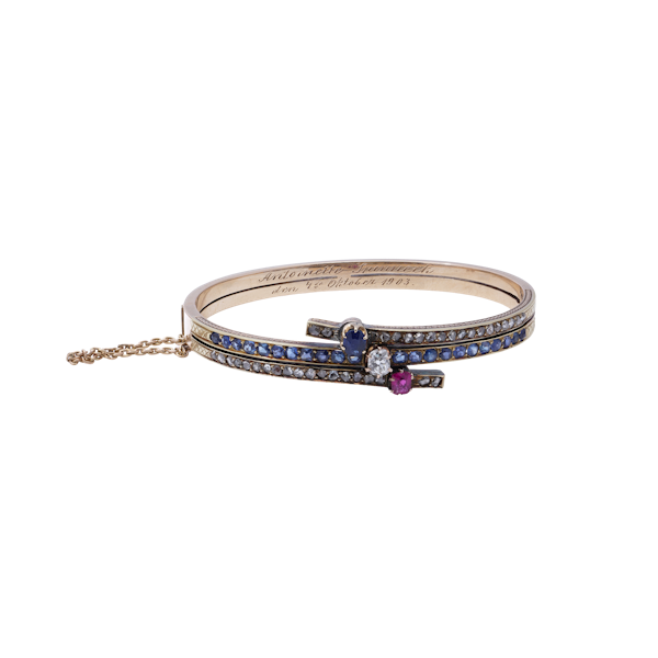 Edwardian 9kt Gold Bangle with Ruby, Sapphire, and Diamond - image 1