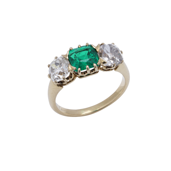 Antique 18kt Gold Three-Stone Ring with Emerald and Diamonds - image 1