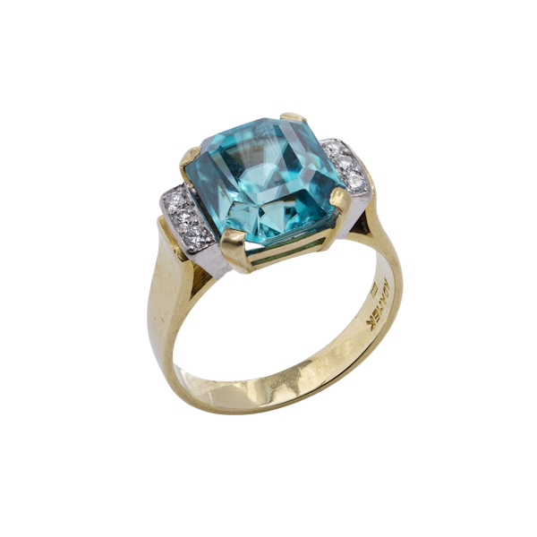 18kt Gold Blue Zircon Ring with Diamond Accents by Adamek - image 1