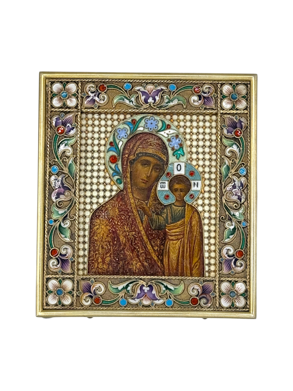 19th century Russian icon of 'Mother of God of Kazan' in silver gilt and shaded cloisonné enamel oklad, by Pavel Ovchinnikov, Moscow, 1890s - image 1