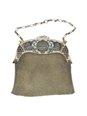 Antique Russian silver gilt, cloisonné and shaded enamel handbag by Fedor Ruckert, Moscow, c.1910.
