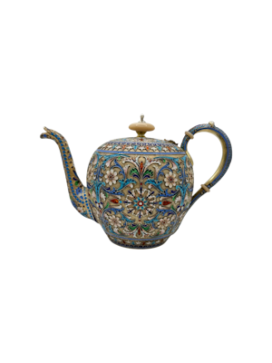 Antique Russian silver cloisonné and shaded enamel teapot by Ivan Saltykov, Moscow, 1895
