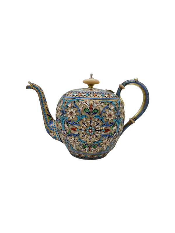 Antique Russian silver cloisonné and shaded enamel teapot by Ivan Saltykov, Moscow, 1895 - image 1