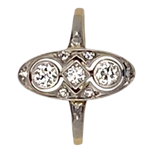 Edwardian lozenge shape 3 stone diamond ring with diamond shoulders