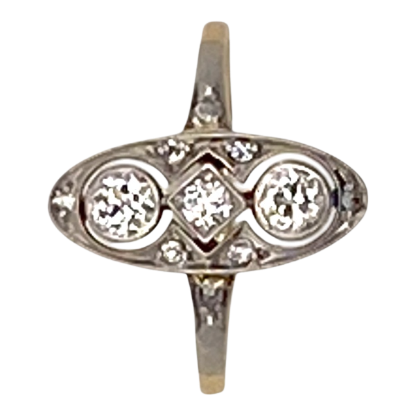 Edwardian lozenge shape 3 stone diamond ring with diamond shoulders - image 1