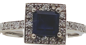 Deco style rectangular diamond and sapphire  cluster ring