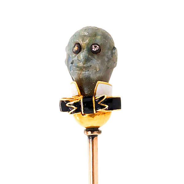 Antique Labradorite Diamond Enamel and Gold Monkey Head Stick Pin, Circa 1920 - image 1