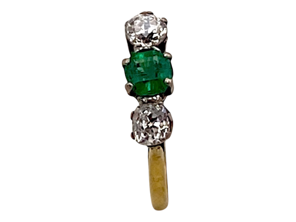 Retro emerald and diamond three stone ring - image 1