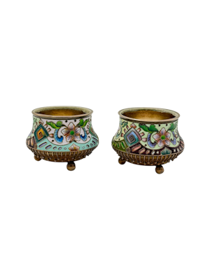 Russian silver gilt and shaded enamel pair of salts, Moscow c.1910