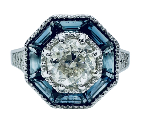 Art Deco Style, Diamond & Sapphire Ring - image 1