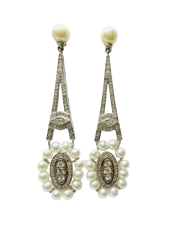 Vintage, Diamond & White Cultured Pearl Earrings - image 1