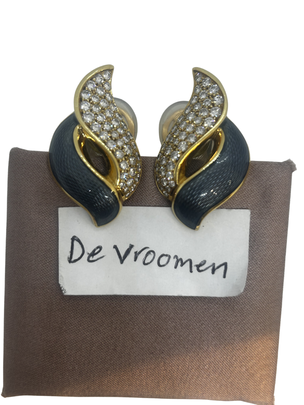 De Vroomen Diamond Blue Enamel 18ct gold Earrings at Deco&Vintage Ltd - image 1