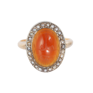 Edwardian Carnelian Scarab Ring with Pearl Halo | c.1900s