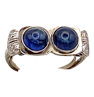 Art Deco two sapphire cabochons and diamonds ring set in platinum