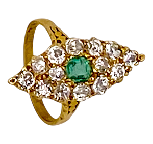Victorian  emerald and diamond marquis shape  ring with carved shoulders