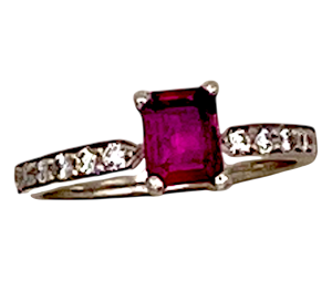 Vintage rectangular ruby ring with diamond shoulders