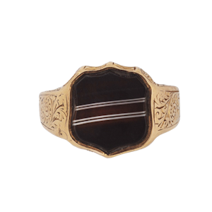 Edwardian Shield Signet Ring | Banded Agate & Engraved 18ct Gold | 1901
