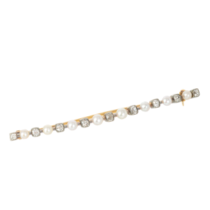 Diamond & Pearl Bar Brooch | 15ct Gold | Belgium c.1910