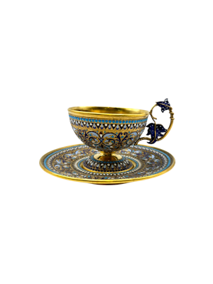 Russian silver gilt and cloisonné enamel cup and saucer by Gustav Klingert, Moscow, 1890.