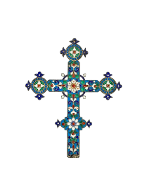 Russian silver gilt and cloisonné enamel cross, Moscow, c.1900.