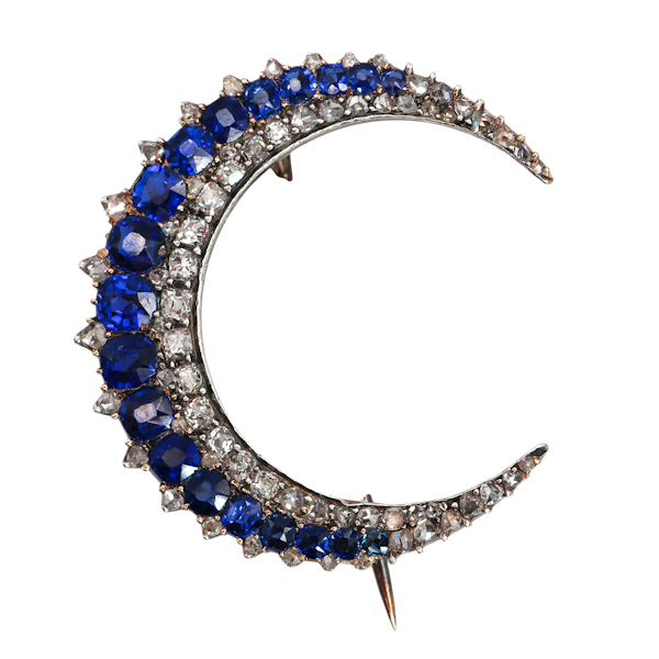 French Antique Sapphire Diamond and Silver Upon Gold Crescent Brooch, Circa 1890 - image 1