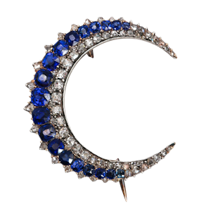 French Antique Sapphire Diamond and Silver Upon Gold Crescent Brooch, Circa 1890