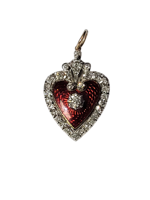 Antique red guilloche enamel and diamond heart pendant SKU: 8294 DBGEMS