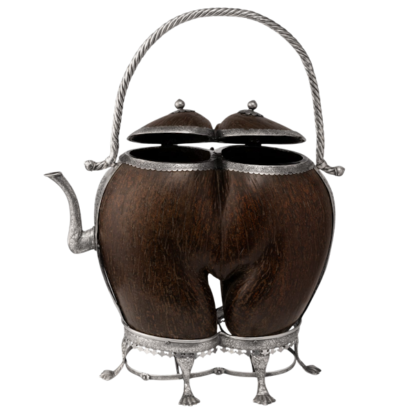 19th century Chinese Straits silver mounted coco-de-mer in the form of an ewer or teapot. - image 1