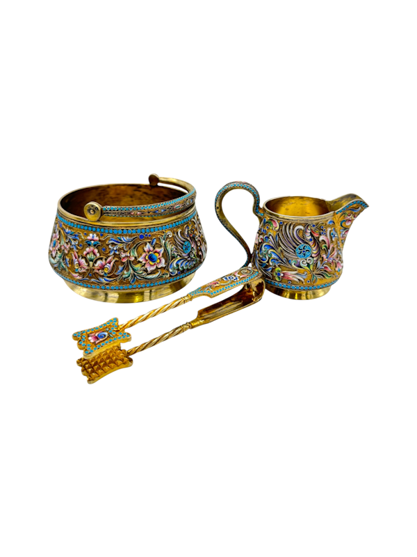 Antique Russian silver gilt cloisonné and shaded enamel sugar basket and creamer and sugar tong by Nikolai Zverev, Moscow c.1910 by - image 1