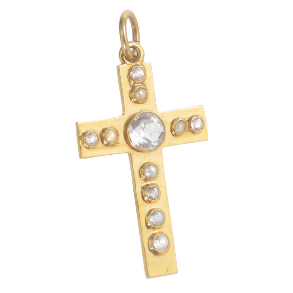 18ct Gold Pearl & Rock Crystal Cross Pendant | English c.1920s - image 1