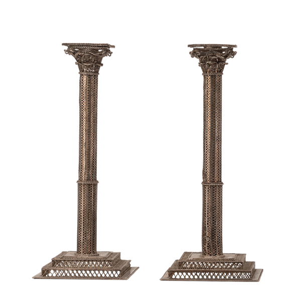A fine pair of late 18th/ early 19th century silver and silver gilt filigree candlesticks, probably Dutch. - image 1