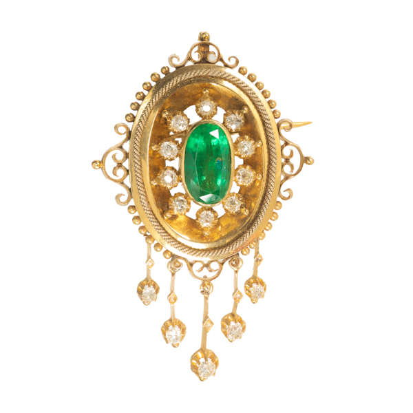Etruscan Revival Emerald & Diamond Pendant Brooch | 18ct Gold | Victorian c.1850s - image 1