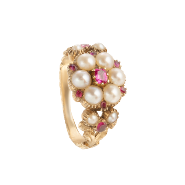 Ruby & Pearl Floral Cluster Ring | 18ct Gold | Victorian c.1850s - image 1