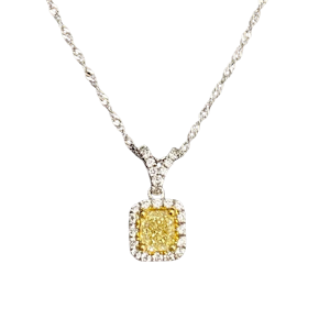Cushion Cut Fancy Yellow Diamond Pendant in 18ct White Gold date circa 1970, SHAPIRO & Co since1979