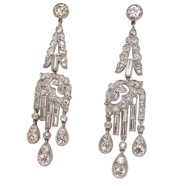 Art Deco Diamond and Platinum Drop Earrings, Circa 1920, 7.00 Carats - image 1