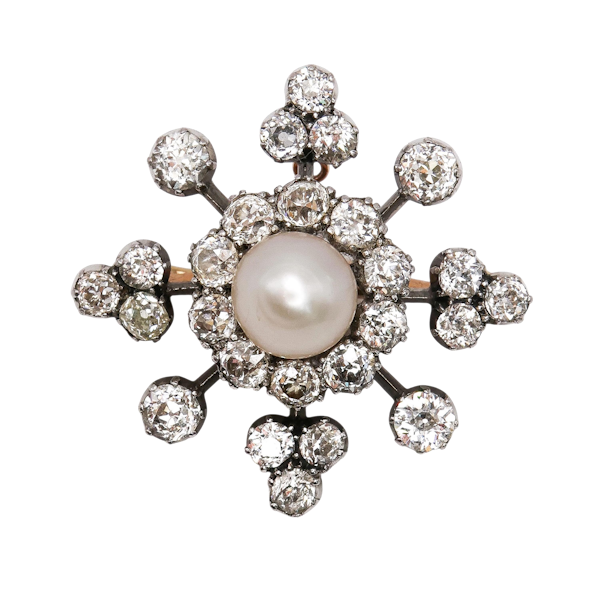 Antique Pearl, Diamond and Silver Upon Gold Brooch-Cum-Pendant, Circa 1890 - image 1