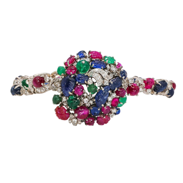 Vintage Tutti Frutti Diamond, Sapphire, Ruby, Emerald and Platinum Cocktail Watch - image 1