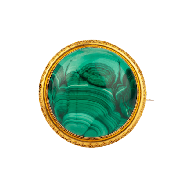 Large Malachite Cabochon & 18ct Gold Pendant Brooch | Victorian c.1880s - image 1
