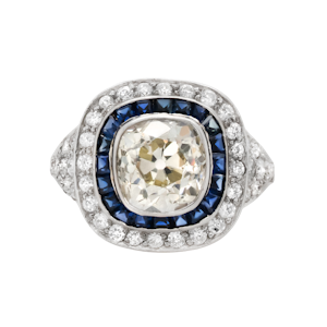 Charlotte Sayers Art Deco Inspired Cushion Cut Diamond and Sapphire Ring