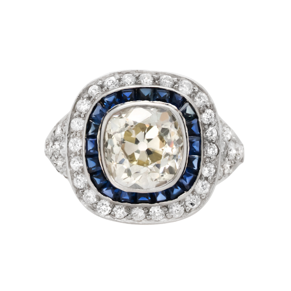 Charlotte Sayers Art Deco Inspired Cushion Cut Diamond and Sapphire Ring - image 1