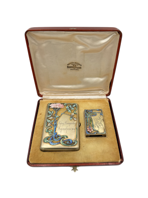 Russian silver gilt and cloisonné enamel cigarette case set, Moscow, c.1900s by Nemerov-Kolodkin.