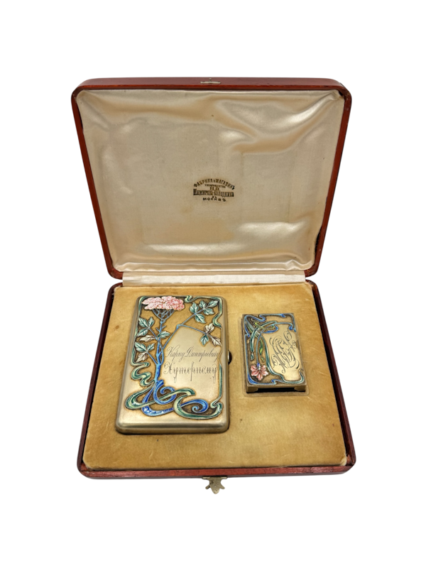 Russian silver gilt and cloisonné enamel cigarette case set, Moscow, c.1900s by Nemerov-Kolodkin. - image 1